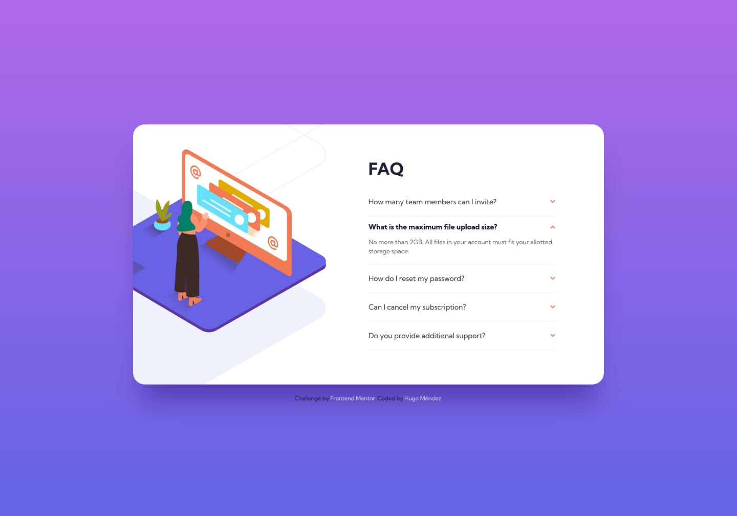 FAQ accordion card app thumbnail challenge by frontend mentor.